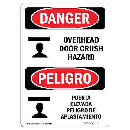 OSHA Danger, Overhead Door Crush Hazard Bilingual, 24in X 18in Rigid Plastic